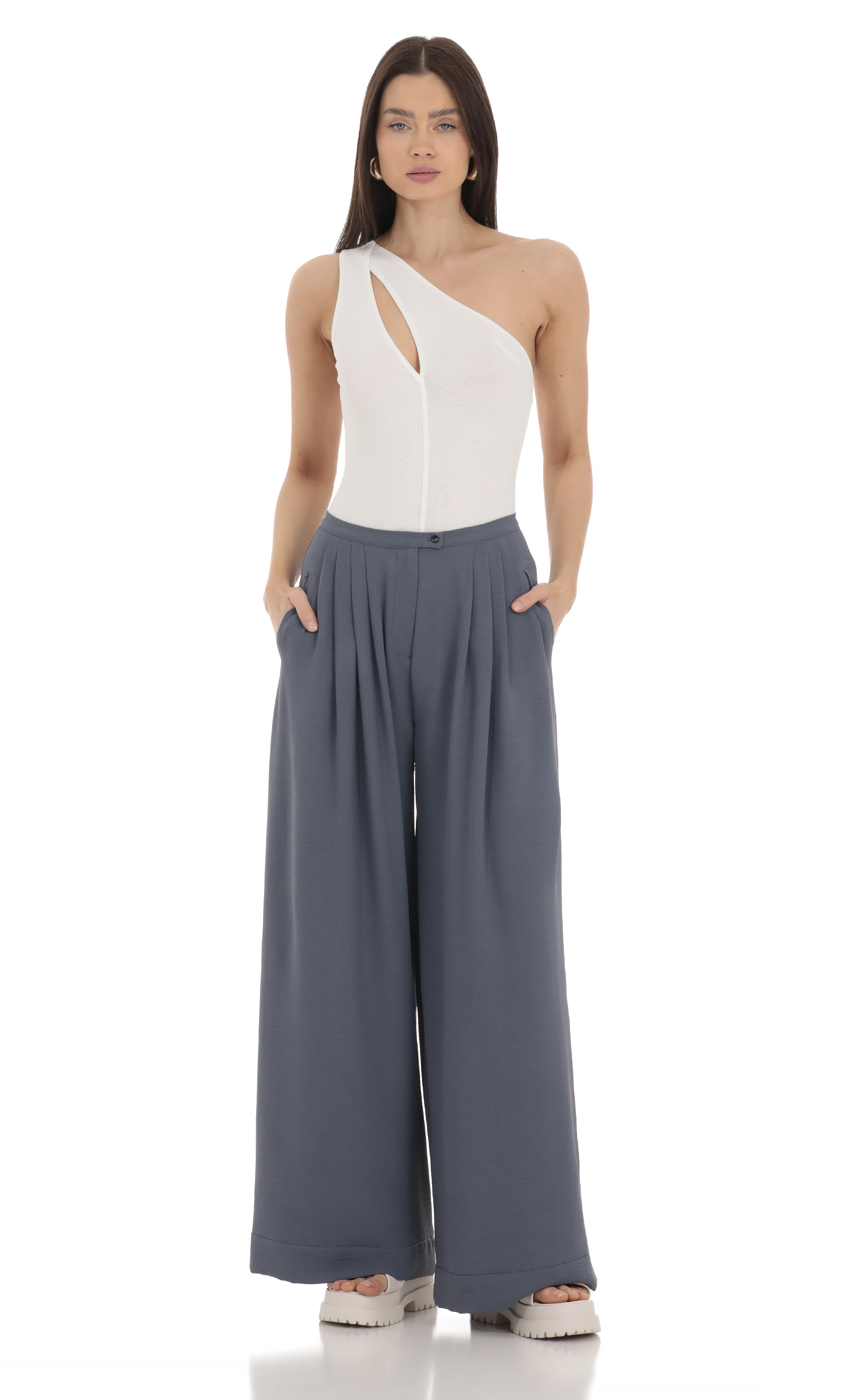 Pleated Relaxed Wide Leg Pants in Slate Blue