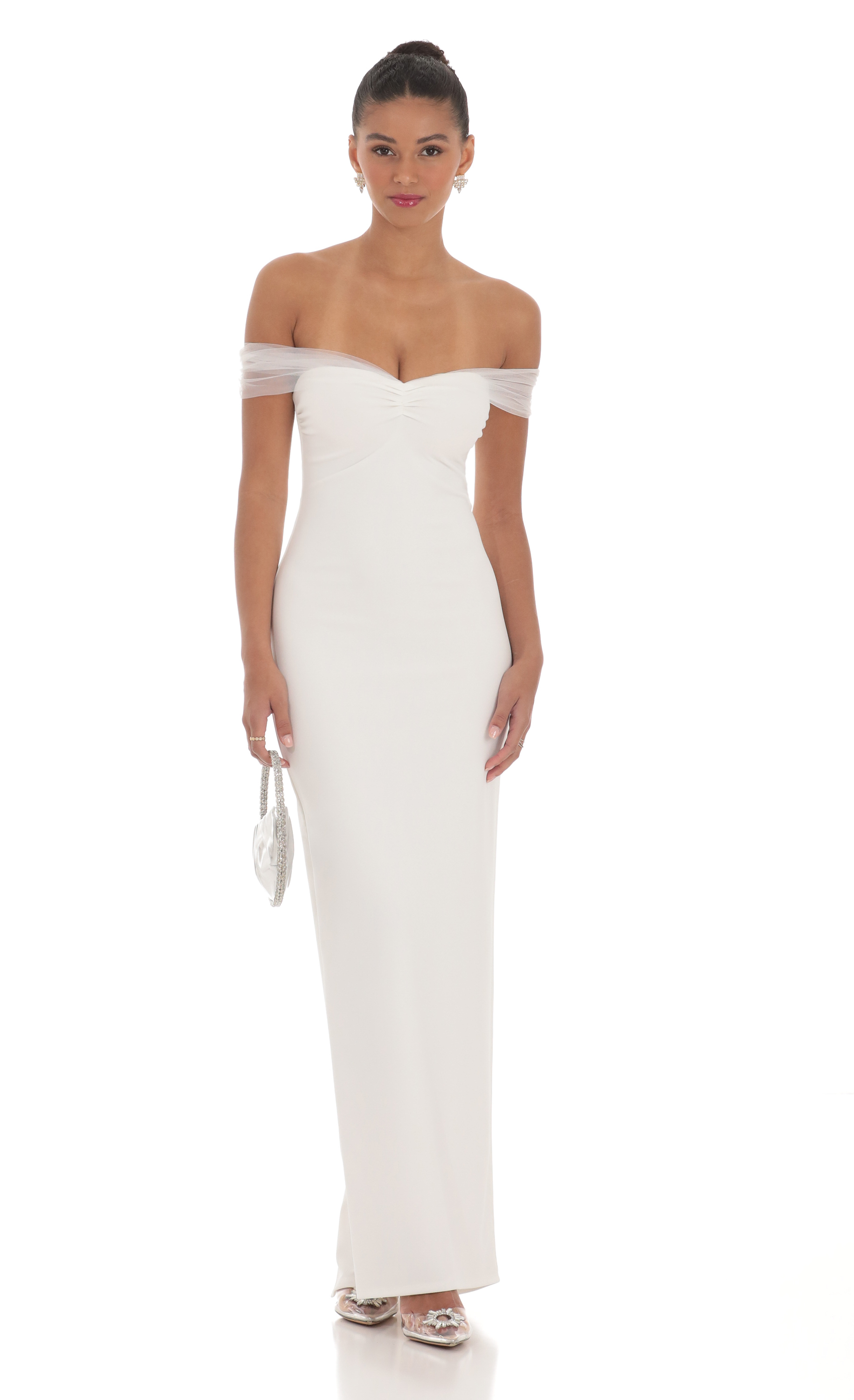 Tulle Off Shoulder Sleeve Maxi Dress in White