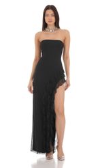 Picture Mesh Strapless Triple Ruffle Maxi Dress in Black. Source: https://media-img.lucyinthesky.com/data/Mar24/150xAUTO/2d3862ac-73e8-4919-a073-c1e94376e7cd.jpg