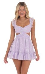 Picture Floral Ruffle Cutout Dress in Lavender. Source: https://media-img.lucyinthesky.com/data/Mar24/150xAUTO/2f93e8a8-cde7-4531-b32b-c2bd9d01f229.jpg