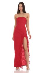 Picture Strapless Lace Ruffle Slit Dress in Red. Source: https://media-img.lucyinthesky.com/data/Mar24/150xAUTO/60cf13b9-f400-421a-8602-5f33739c01d8.jpg