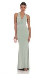 Picture Front Twist V-Neck Maxi Dress in Sage. Source: https://media-img.lucyinthesky.com/data/Mar24/150xAUTO/6d0ce171-6145-4a13-aa61-505f92ffb95b.jpg