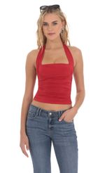 Picture Halter Ruched Top in Red. Source: https://media-img.lucyinthesky.com/data/Mar24/150xAUTO/a142ac35-77e6-4475-b2d2-64b9b55077e9.jpg