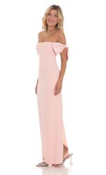 Picture Off Shoulder Bow Sleeve Maxi Dress in Pink. Source: https://media-img.lucyinthesky.com/data/Mar24/150xAUTO/c530e553-975b-4718-948d-9c81f1ec7dd4.jpg