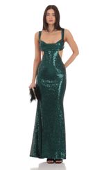 Picture Sequin Cutout Maxi Dress in Green. Source: https://media-img.lucyinthesky.com/data/Mar24/150xAUTO/cd7fc12d-6cfb-413b-9d12-dd557c77fb9e.jpg