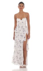 Picture Floral Mesh Ruffle Maxi Dress in White. Source: https://media-img.lucyinthesky.com/data/Mar24/150xAUTO/e1aa0597-d28a-4a37-ade3-01ef558d32ef.jpg