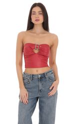 Picture Faux Leather Buckle Top in Red. Source: https://media-img.lucyinthesky.com/data/Mar24/150xAUTO/e71625aa-e35b-425f-883c-3f2a3b31d856.jpg