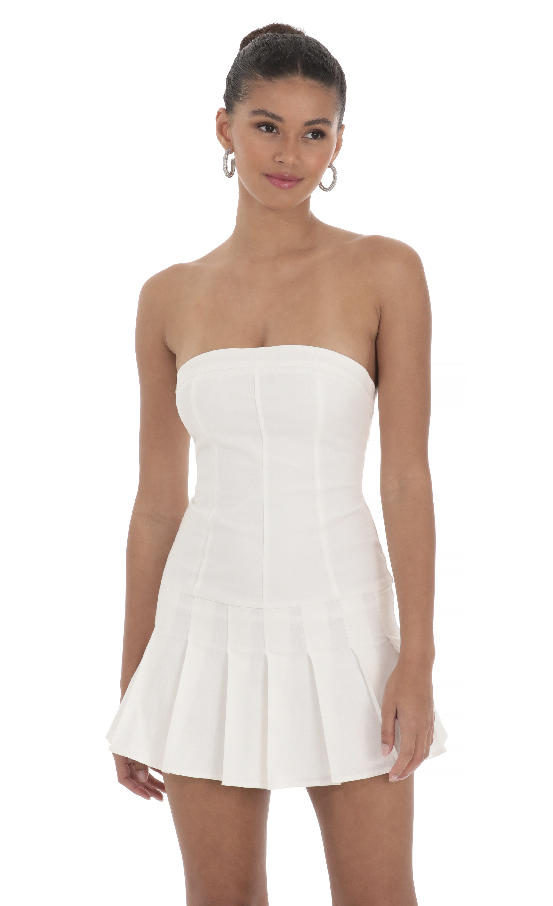 Linen Pleated Strapless Dress in White