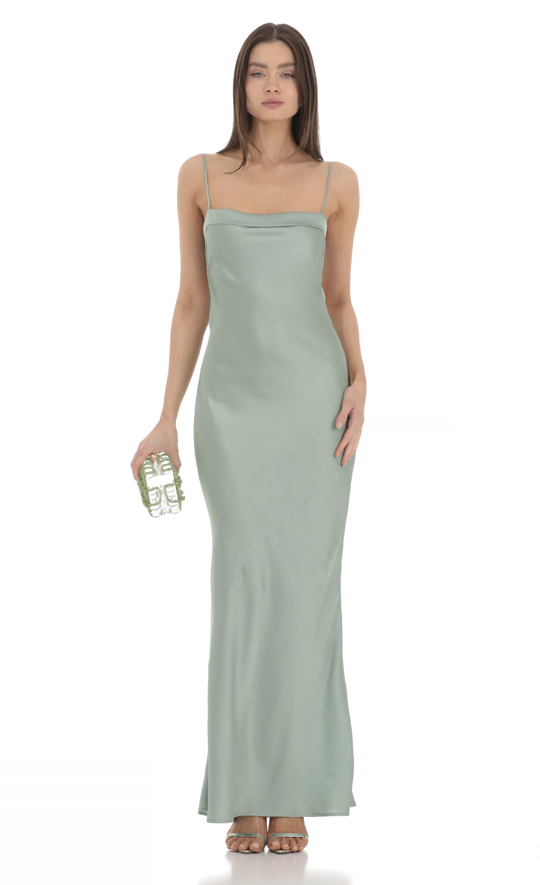 slim fit dress slacks Sage green satin backless long dress – Elegant slit dress main image 0