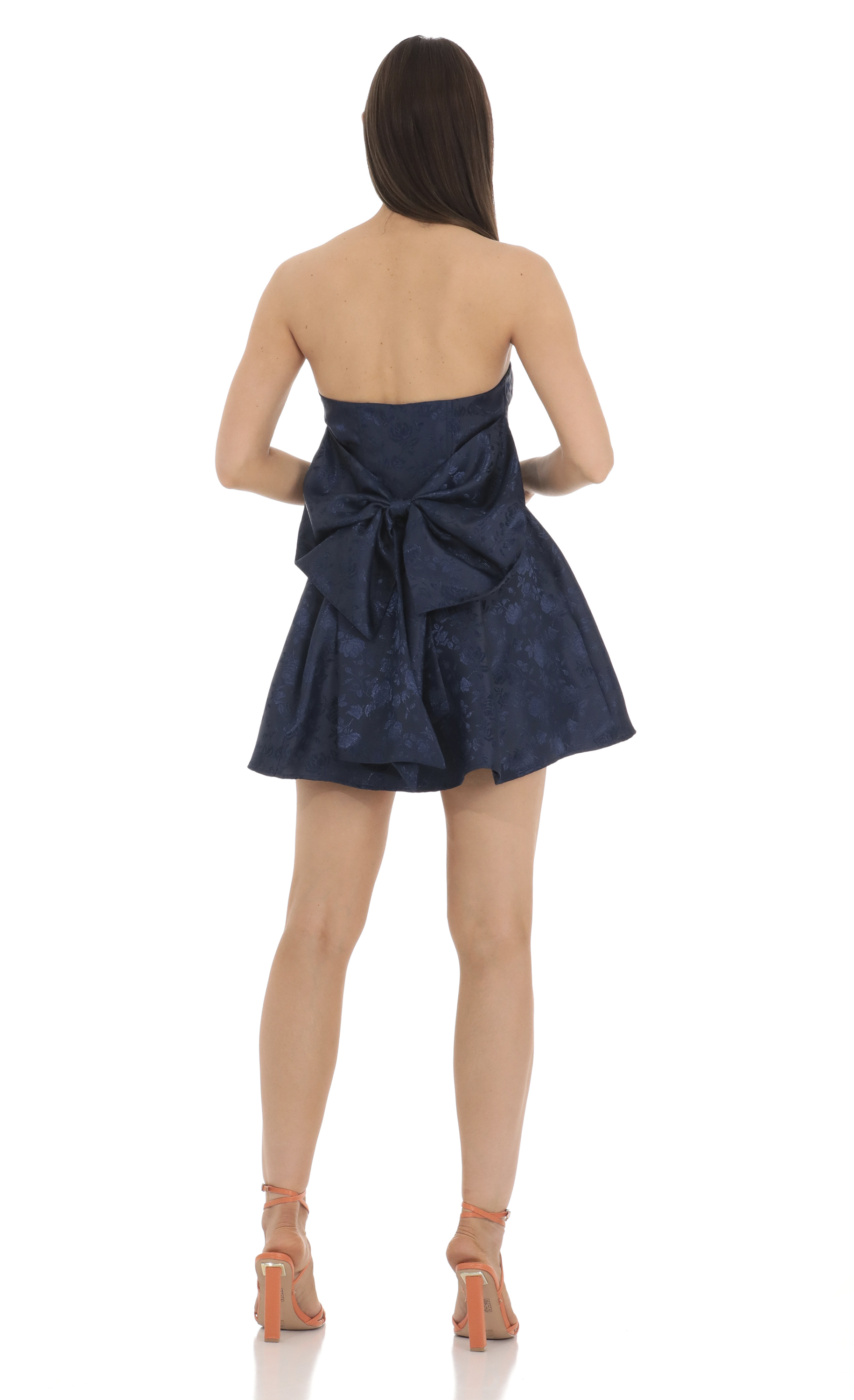 Back Bow Jacquard Corset Dress in Navy