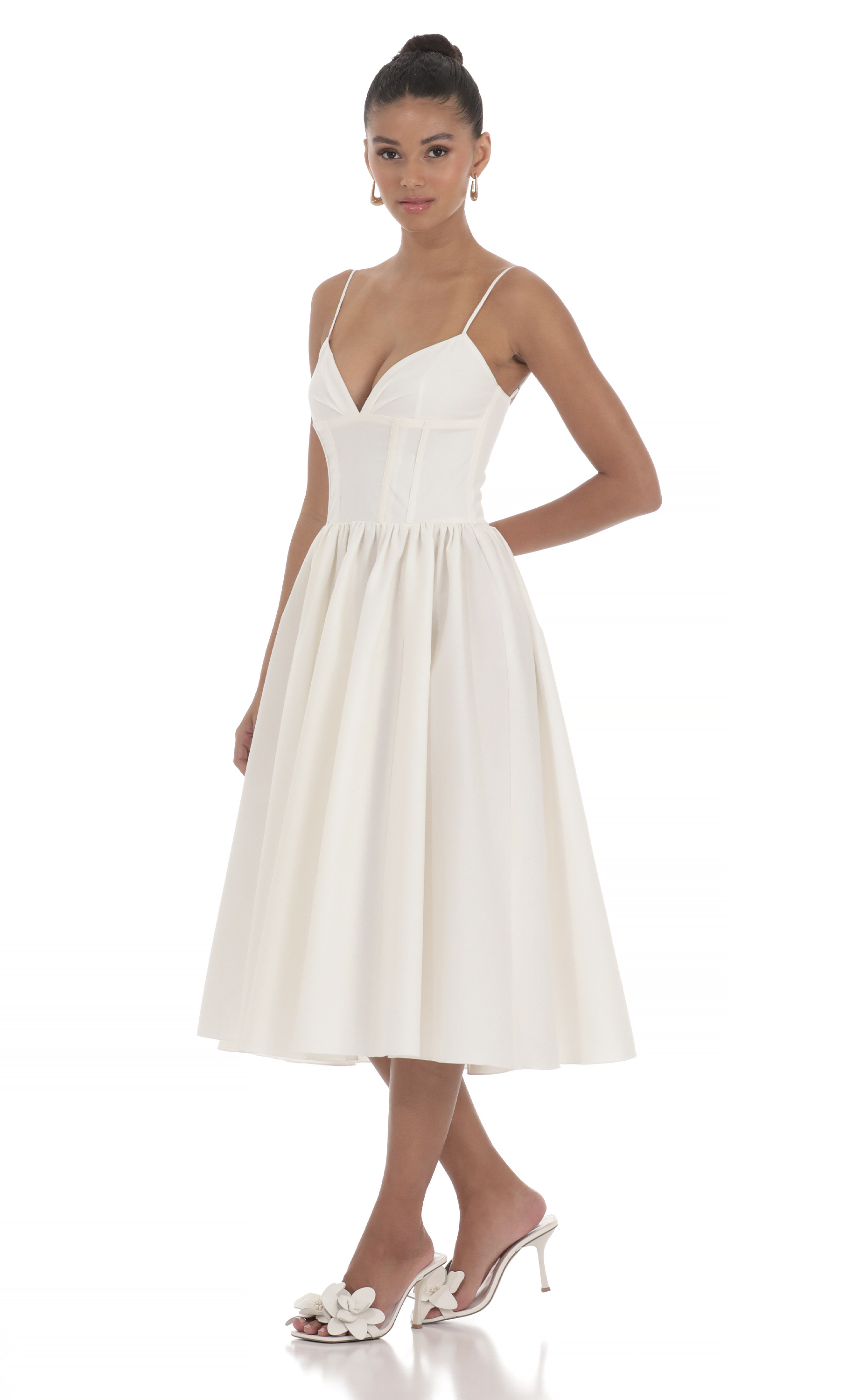 Corset V-Neck Midi Dress in Ivory | LUCY IN THE SKY
