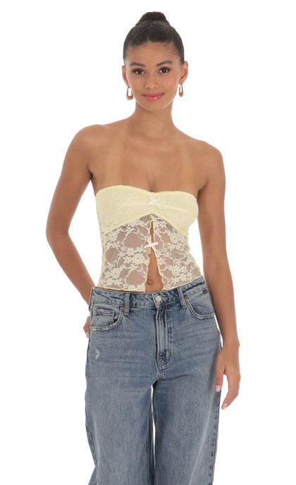Strapless Lace Top in Yellow | LUCY IN THE SKY Strapless Lace Top in Yellow | LUCY IN THE SKY