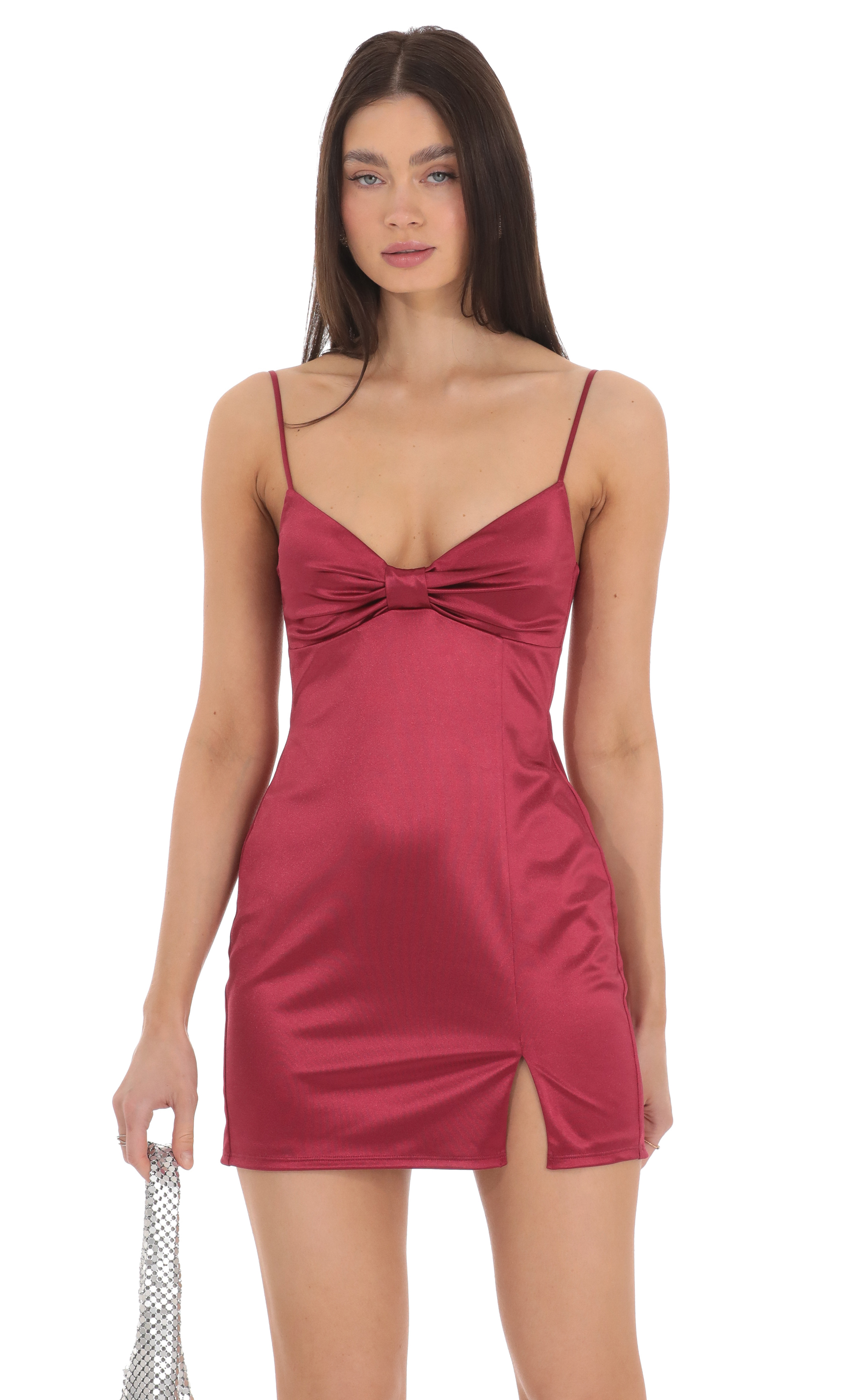 Satin Front Bow Dress in Red