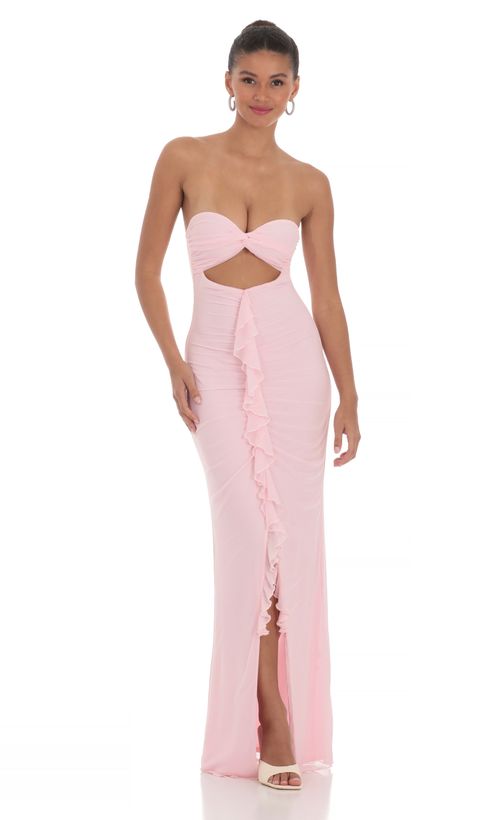 Mesh Strapless Triple Ruffle Maxi Dress in Pink | LUCY IN THE SKY