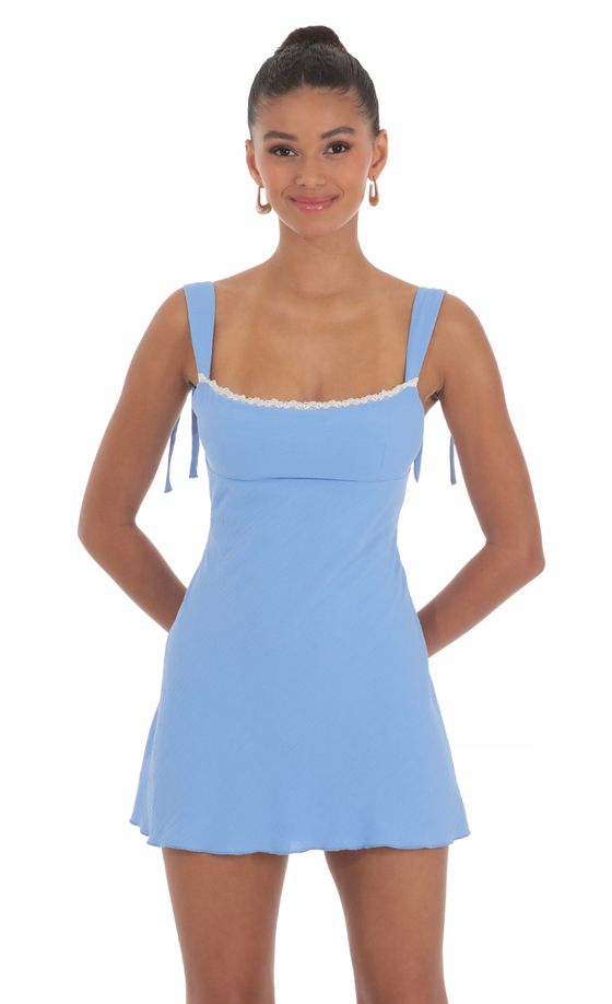 Lace Trim Open Back Dress in Blue