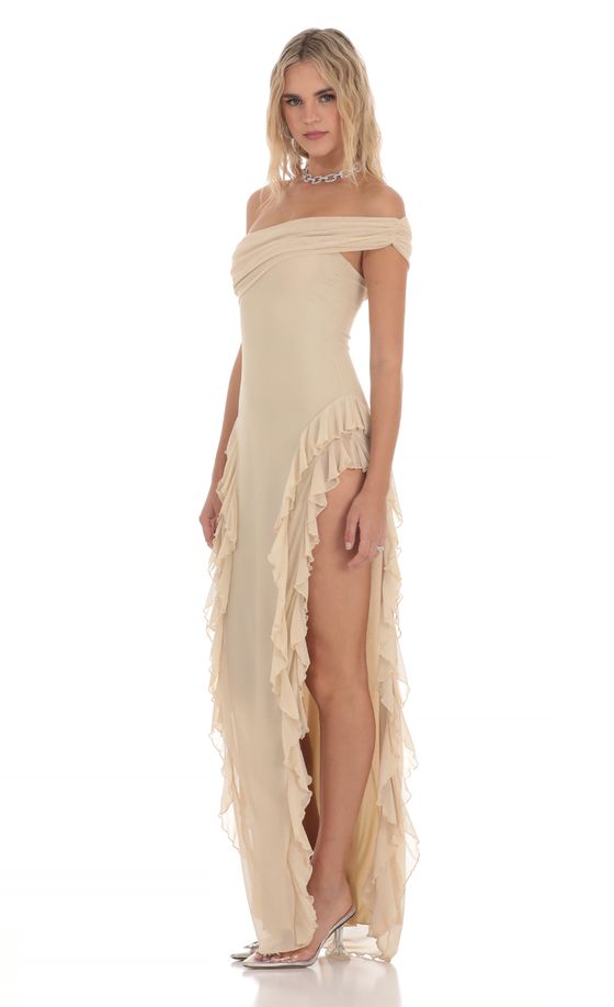 Mesh Ruffle Off Shoulder Dress in Beige