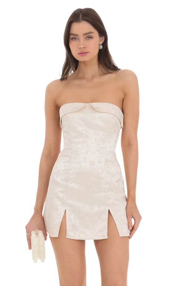 Strapless Jacquard Double Slit Dress in Cream