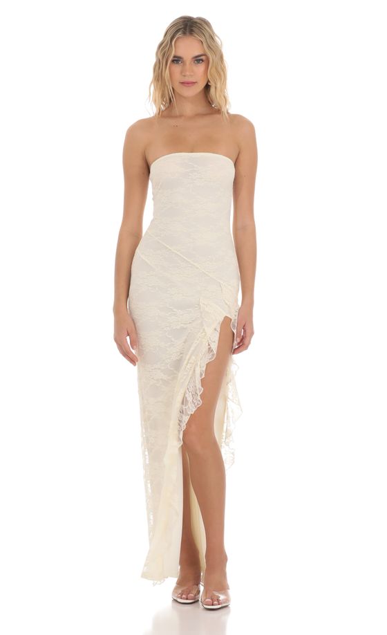 Strapless Lace Ruffle Slit Dress in Cream