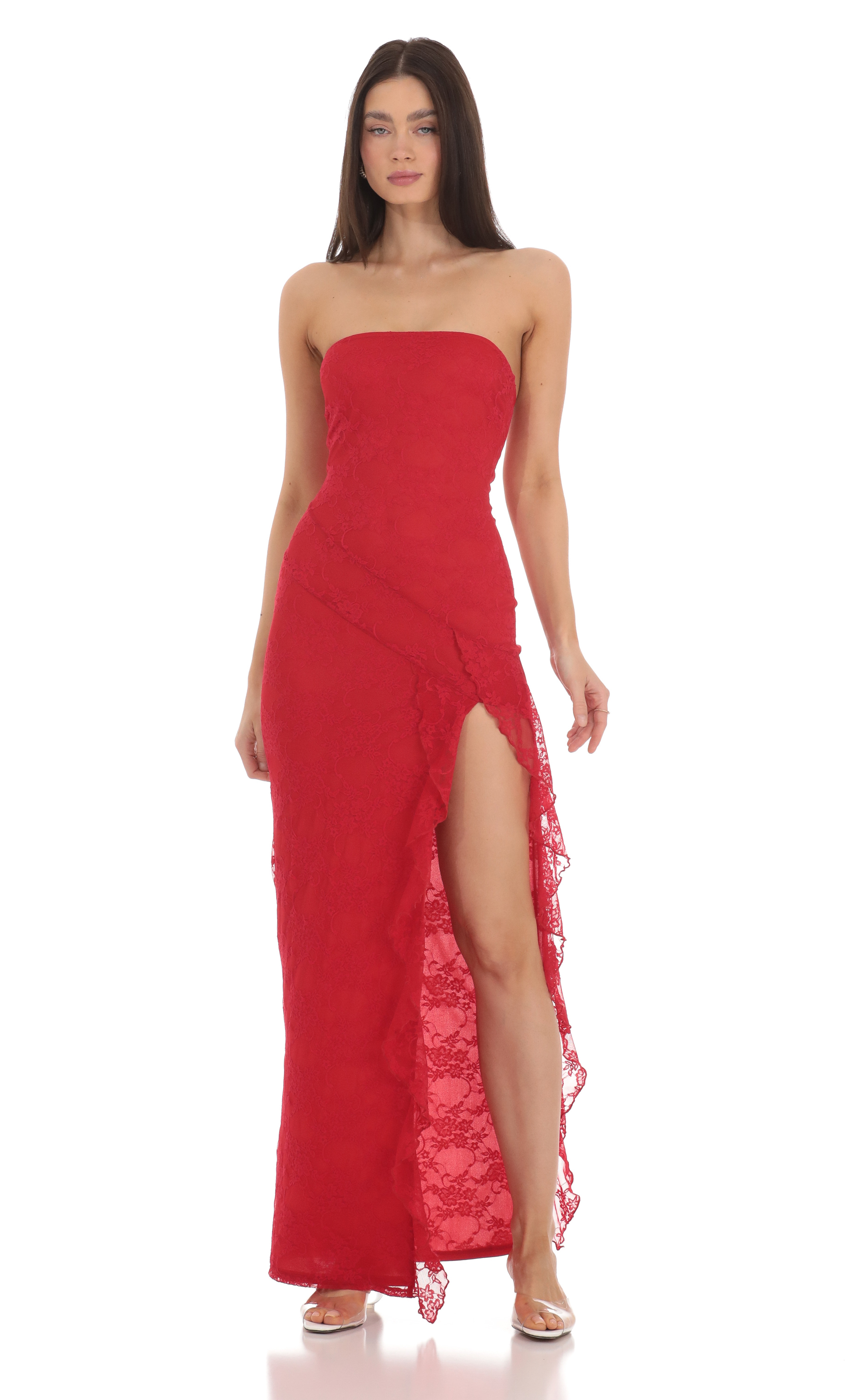 Strapless Lace Ruffle Slit Dress in Red