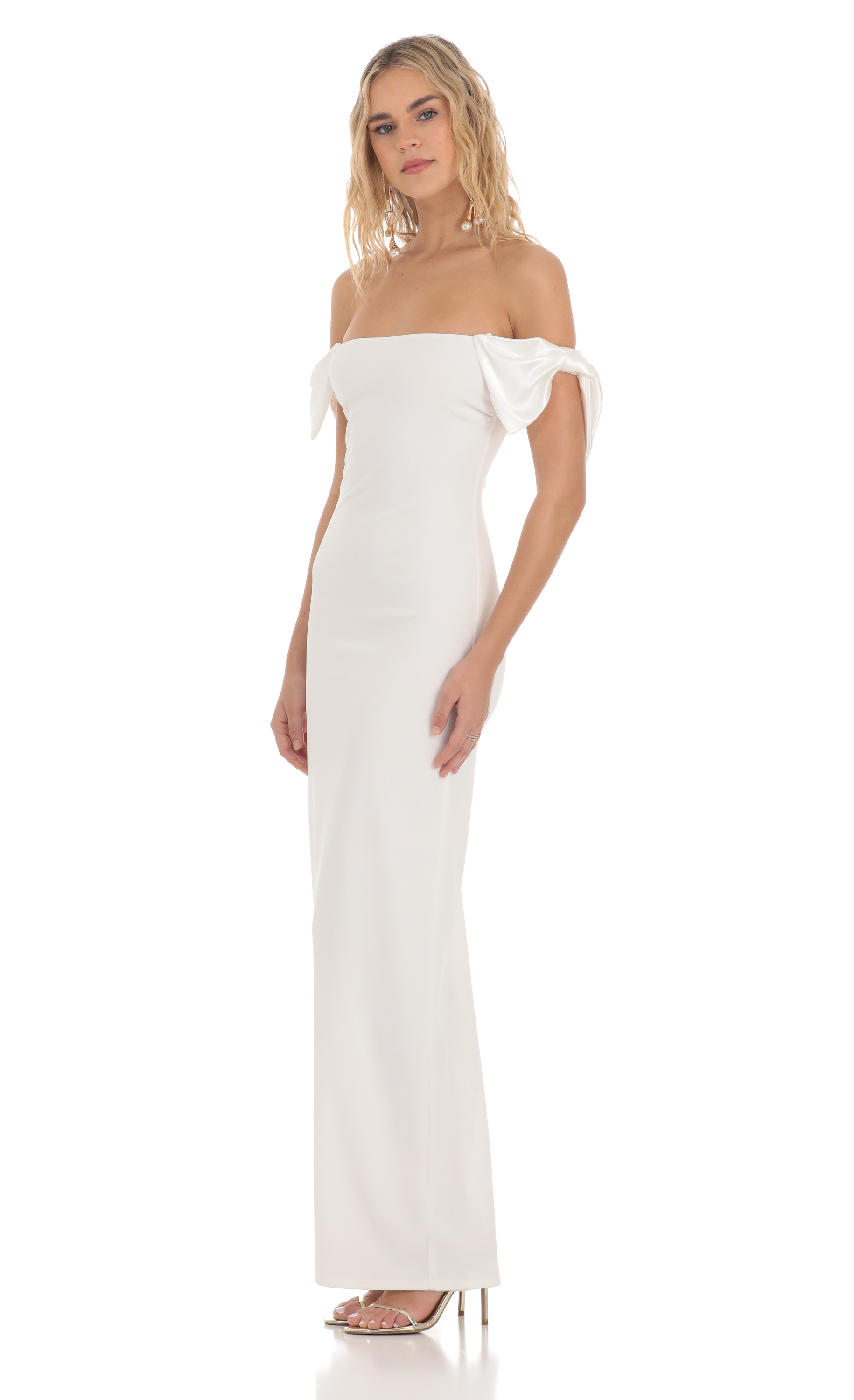 Off Shoulder Bow Sleeve Maxi Dress in White