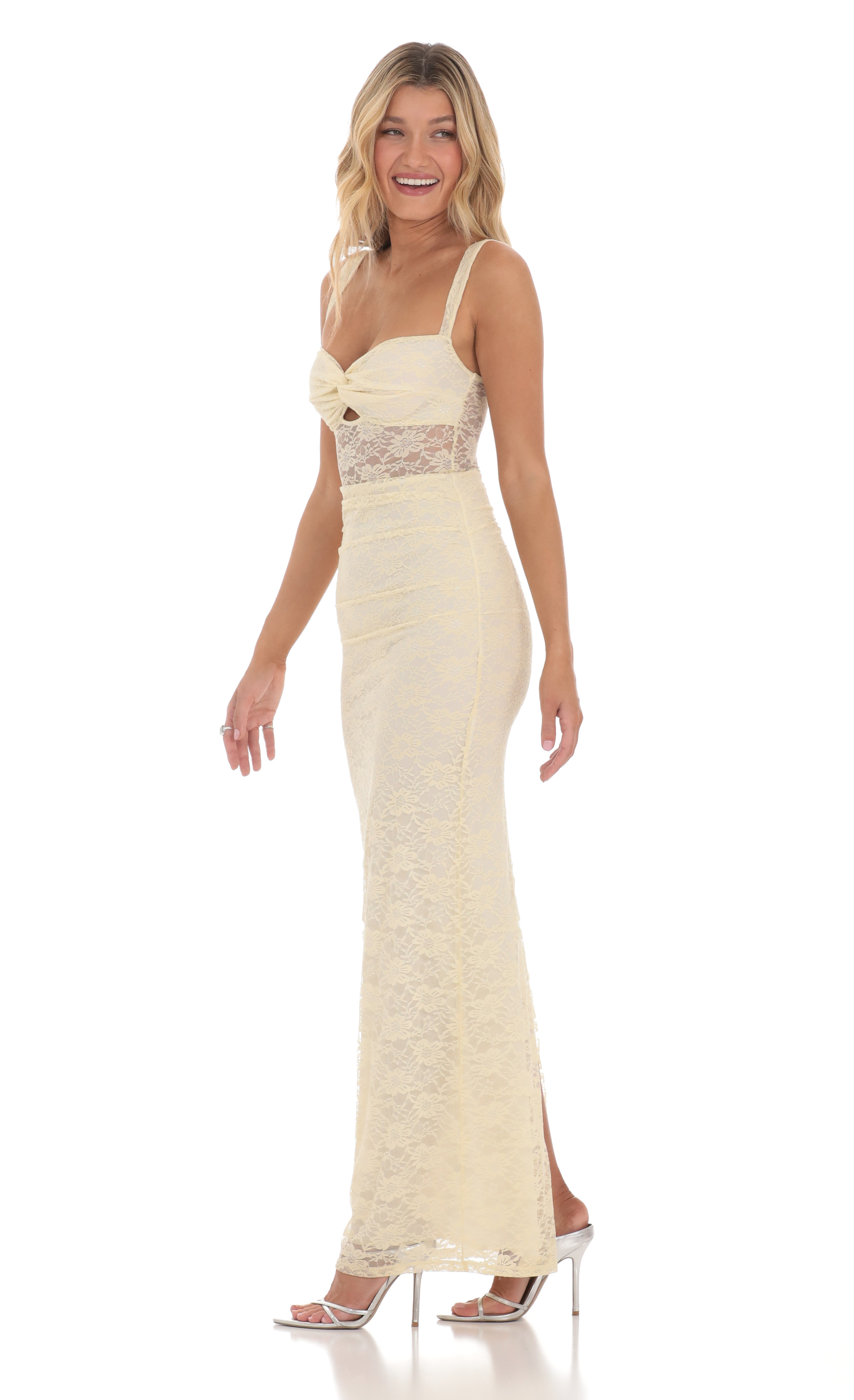 Lace Twist Ruched Maxi Dress in Yellow | LUCY IN THE SKY