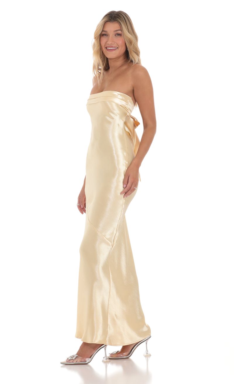 Strapless Satin Open Back Maxi Dress in Gold | LUCY IN THE SKY