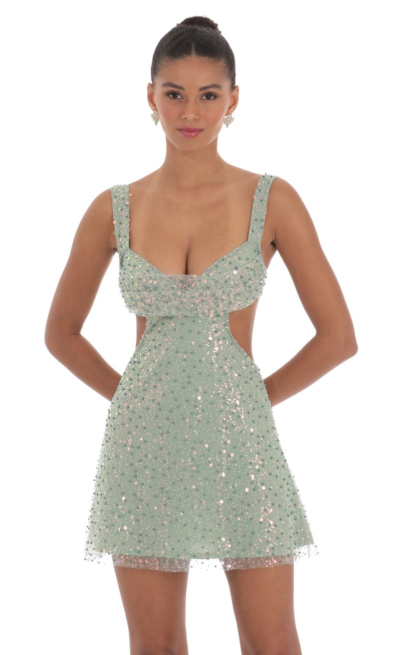 Sequin Pearl Cutout Dress in Green | LUCY IN THE SKY
