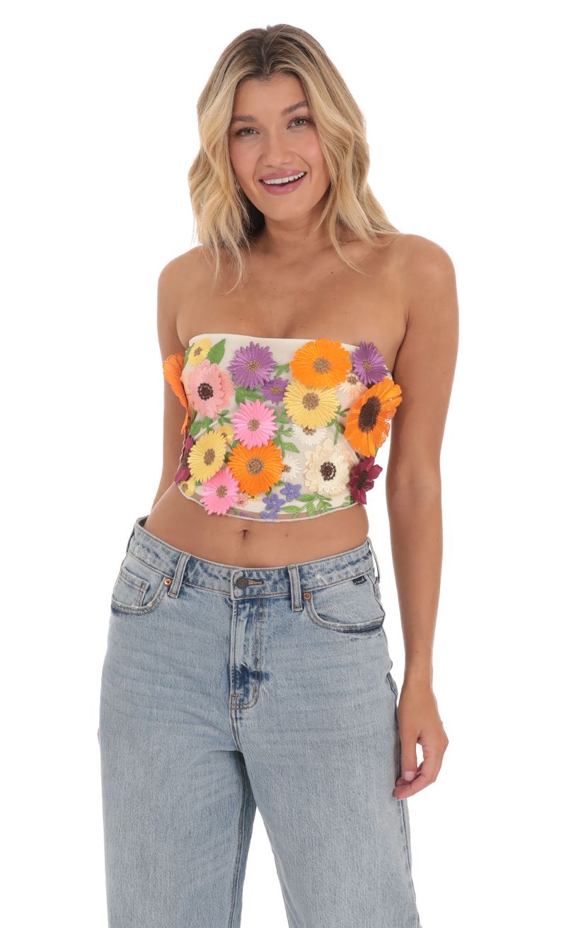 3-D Flower Strapless Top in Cream | LUCY IN THE SKY