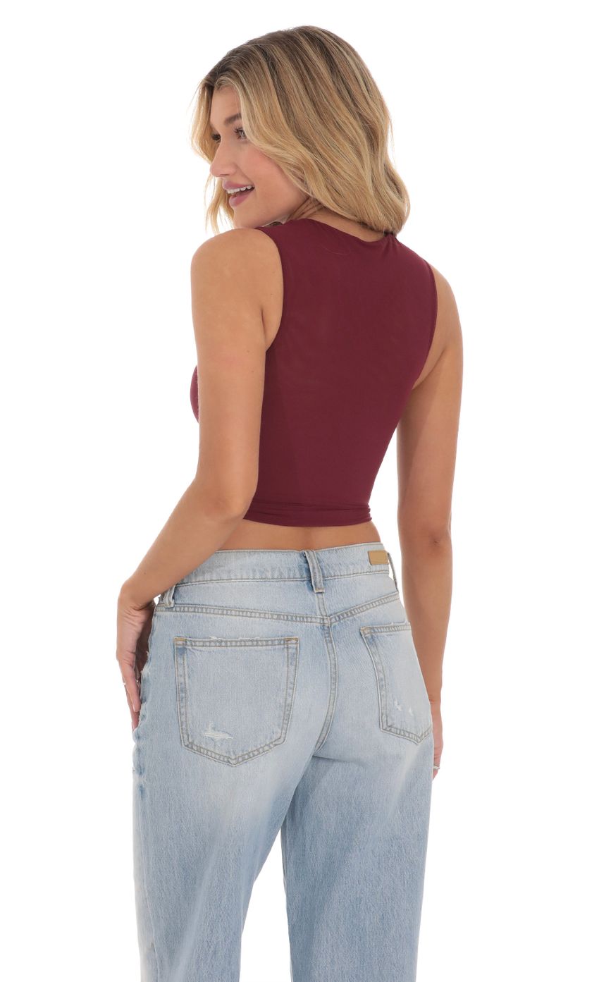 Picture Mesh Ruched Top in Maroon. Source: https://media-img.lucyinthesky.com/data/Mar24/850xAUTO/01a8fcb0-32b6-4b8c-94ce-6ee1f323475a.jpg