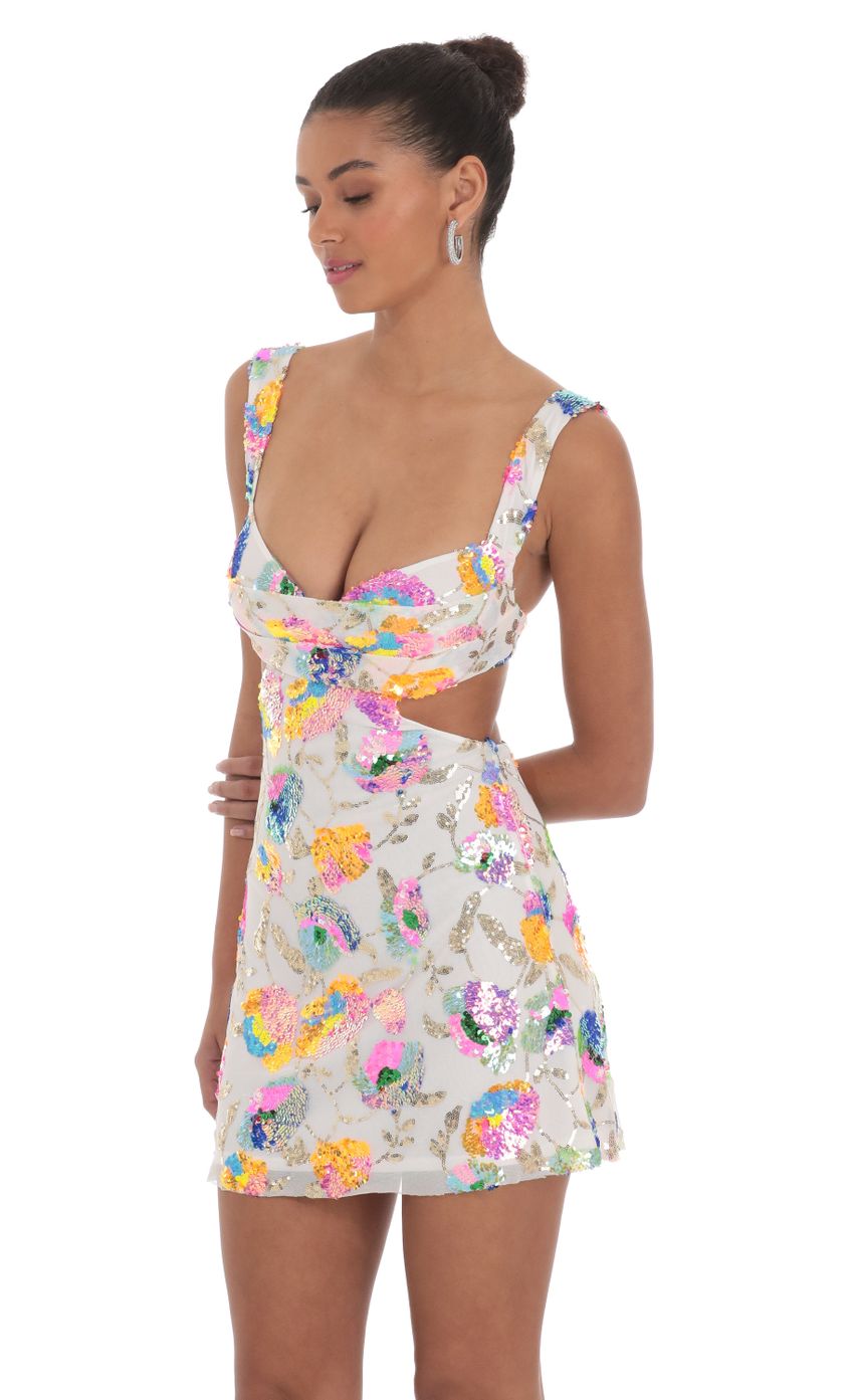 Picture Sequin Floral Cutout Dress in White Multicolor. Source: https://media-img.lucyinthesky.com/data/Mar24/850xAUTO/05f53af3-a76e-4e96-b586-2ecaee42678c.jpg