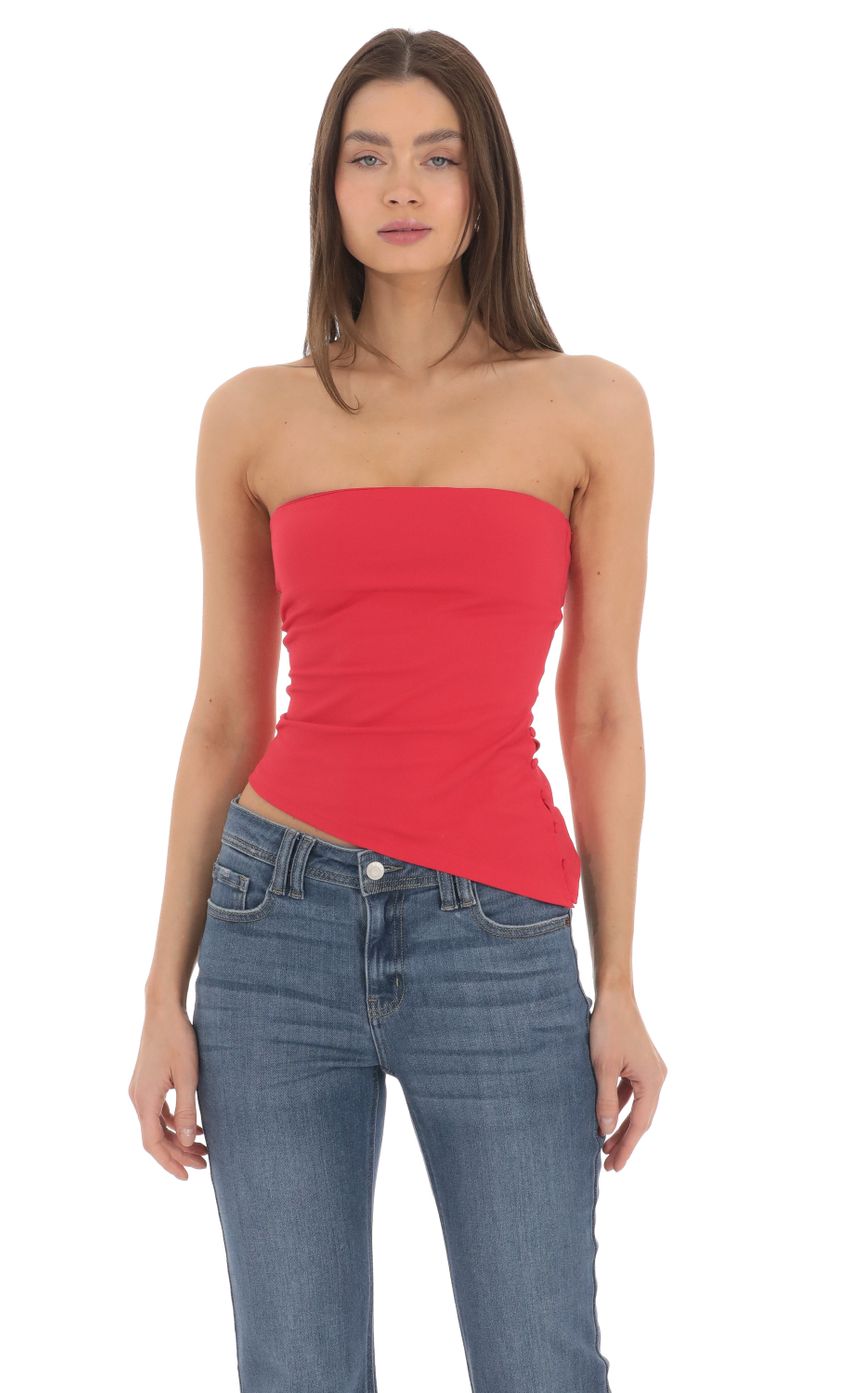 Picture Strapless Asymmetrical Top in Red. Source: https://media-img.lucyinthesky.com/data/Mar24/850xAUTO/06474761-c06e-437f-9b72-303231c478ad.jpg