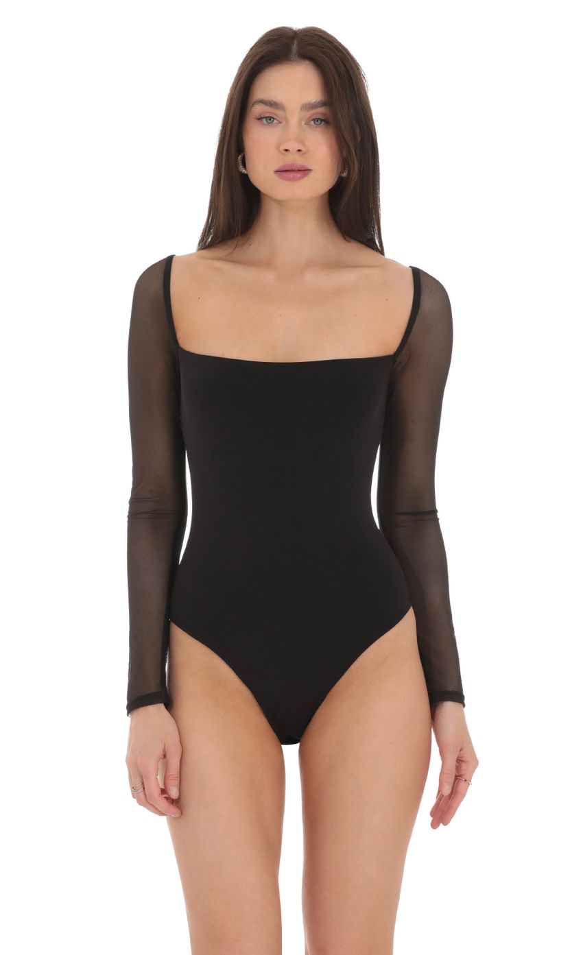 Picture Mesh Long Sleeve Bodysuit in Black. Source: https://media-img.lucyinthesky.com/data/Mar24/850xAUTO/0777fa7a-c601-4d5a-aeec-28a6e6c09b19.jpg