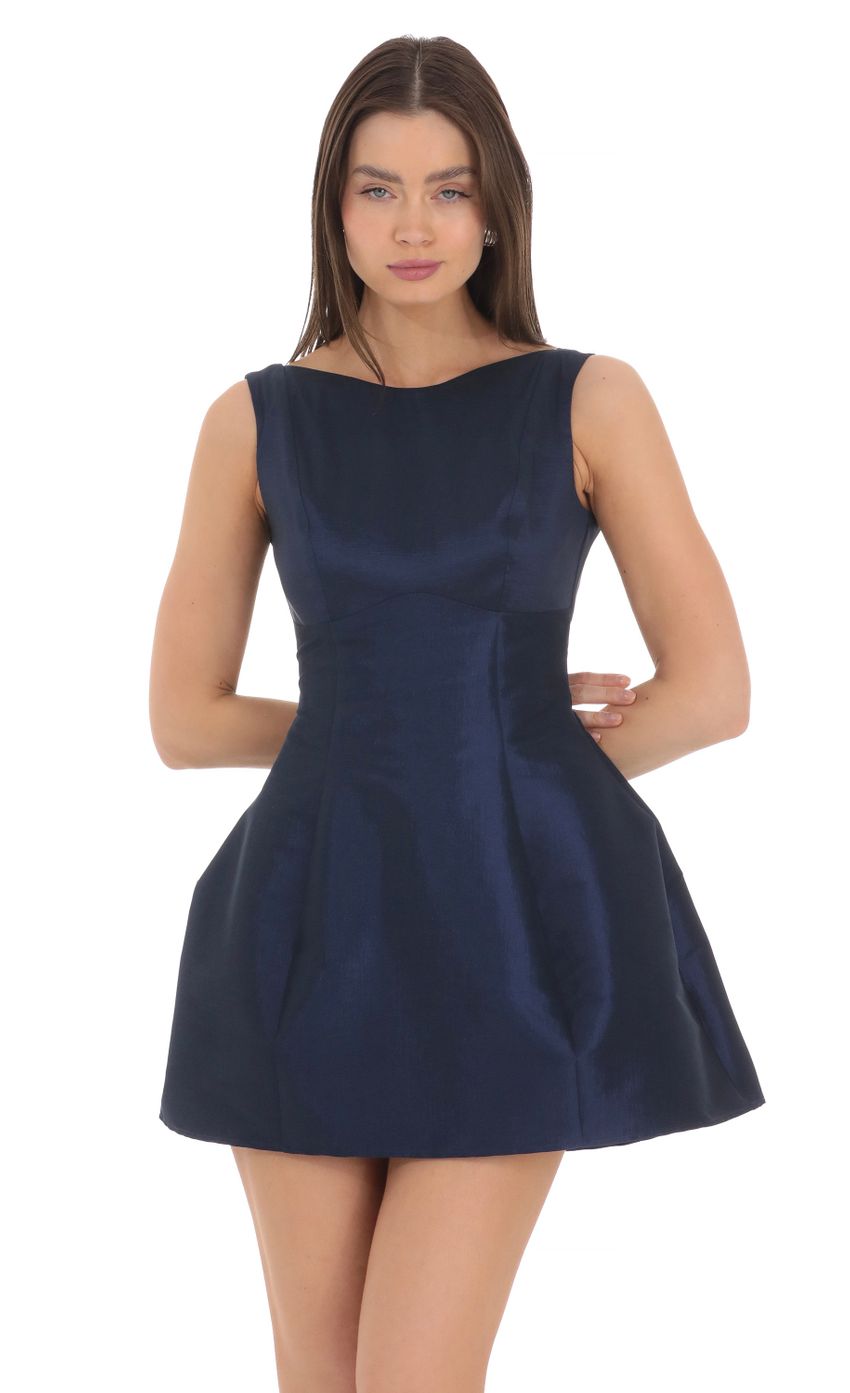 Picture High Neck Open Back Flare Dress in Navy. Source: https://media-img.lucyinthesky.com/data/Mar24/850xAUTO/0a8fb274-d7b0-43e5-913d-68920fe3efd1.jpg