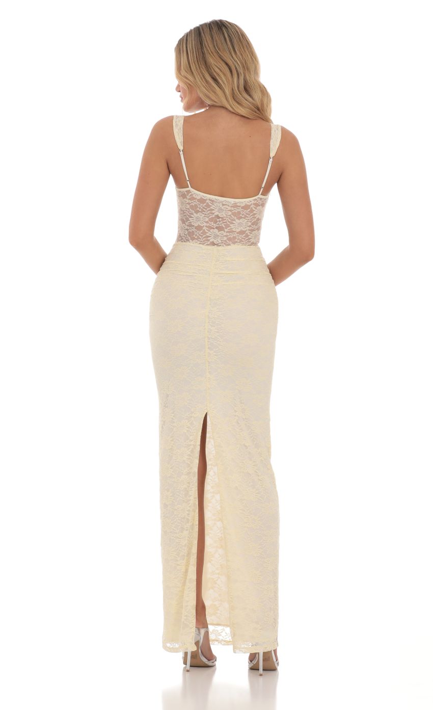 Picture Lace Twist Ruched Maxi Dress in Yellow. Source: https://media-img.lucyinthesky.com/data/Mar24/850xAUTO/0b3a4726-eb0b-4407-9788-f3a43273e159.jpg