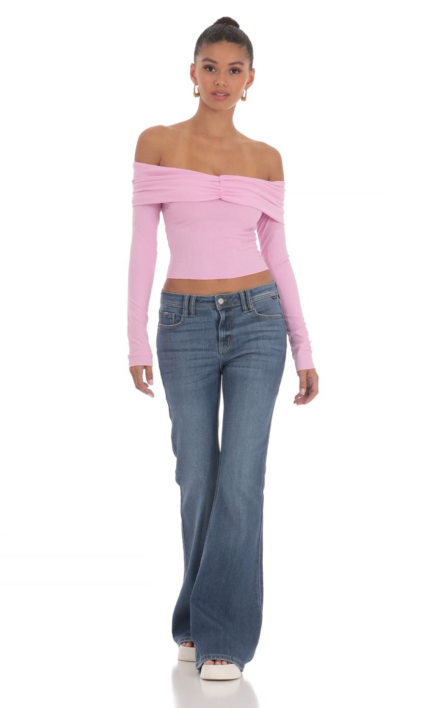 Picture Ribbed Off Shoulder Top in Pink. Source: https://media-img.lucyinthesky.com/data/Mar24/850xAUTO/1091313d-372e-497f-8319-5e8693582019.jpg