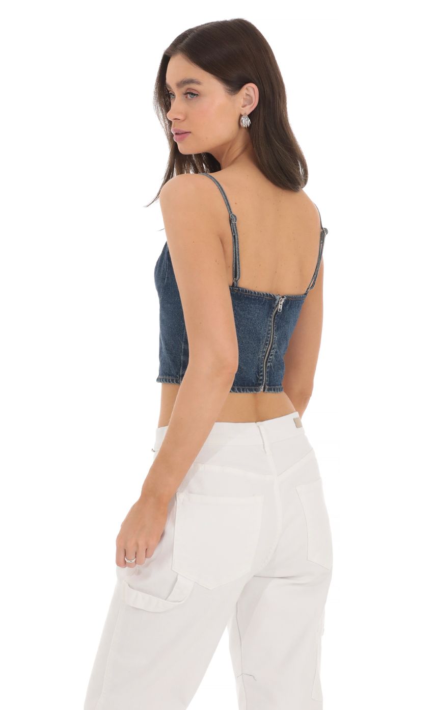Picture Denim Crop Top in Blue. Source: https://media-img.lucyinthesky.com/data/Mar24/850xAUTO/1377cb6f-2c1d-44e0-9bfe-01a0578abcae.jpg