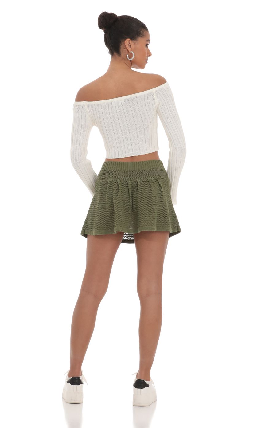 Picture Crochet Skirt in Olive Green. Source: https://media-img.lucyinthesky.com/data/Mar24/850xAUTO/14336229-3eac-4ce2-b1a7-d9db2394f126.jpg