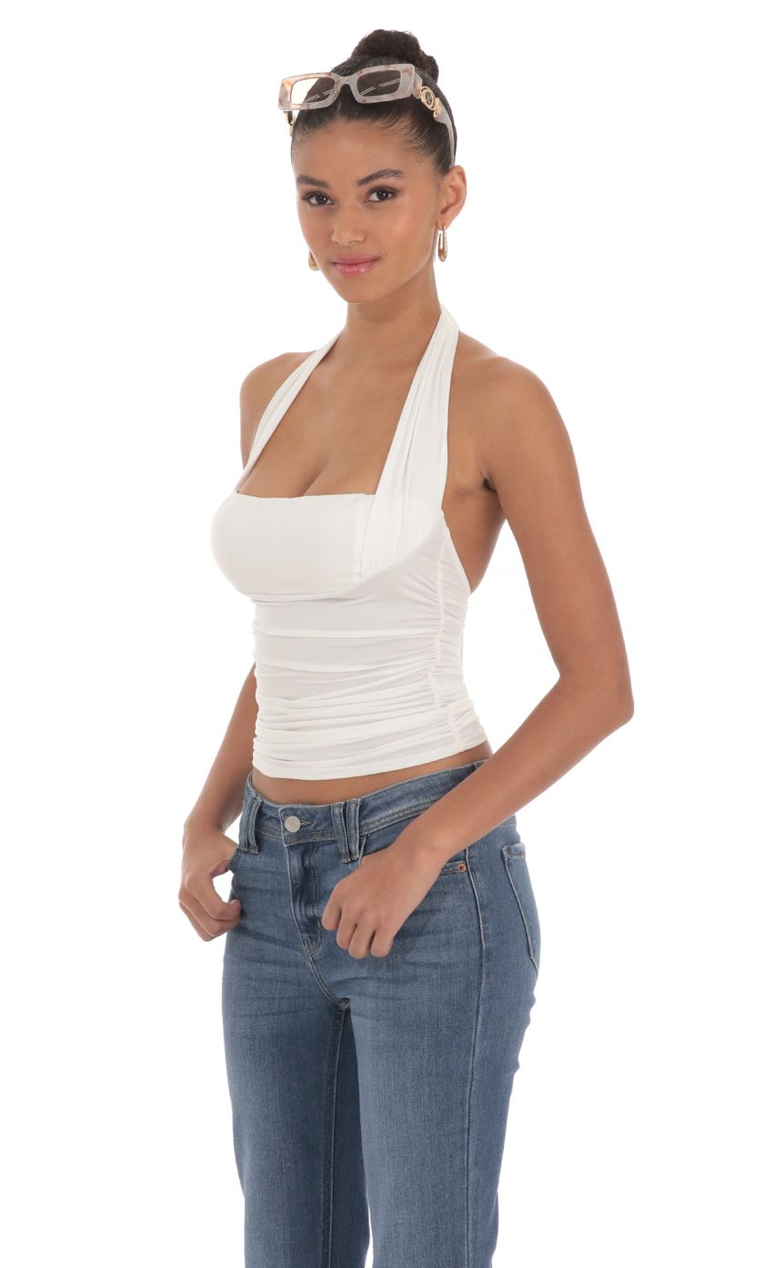 Picture Halter Ruched Top in White. Source: https://media-img.lucyinthesky.com/data/Mar24/850xAUTO/14eb7fe9-6b51-42a1-a2df-a9f7736ed905.jpg