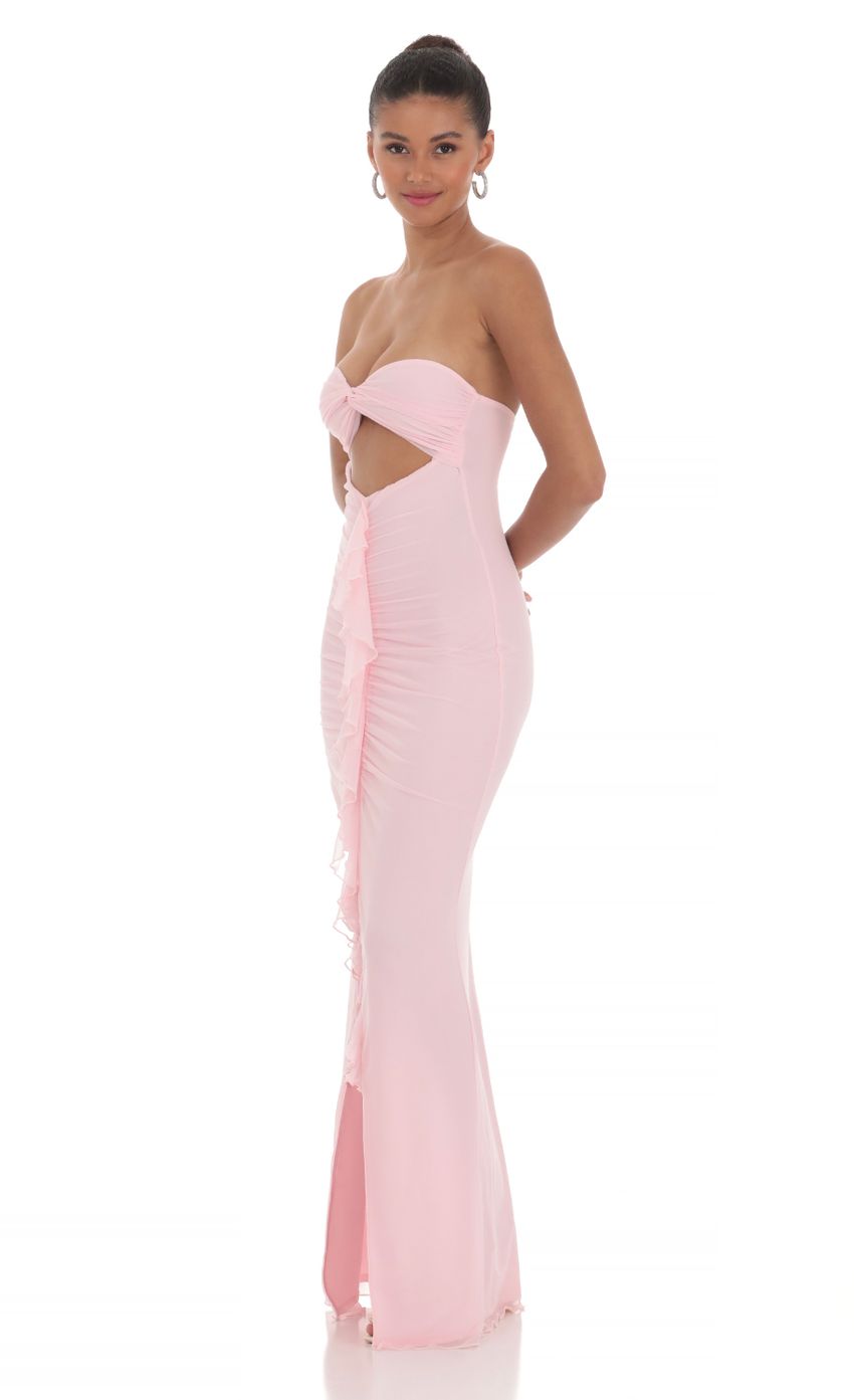 Picture Mesh Cutout Ruffle Maxi Dress in Pink. Source: https://media-img.lucyinthesky.com/data/Mar24/850xAUTO/1a1f3ad6-cafa-4d74-8182-e9f251cd83e6.jpg