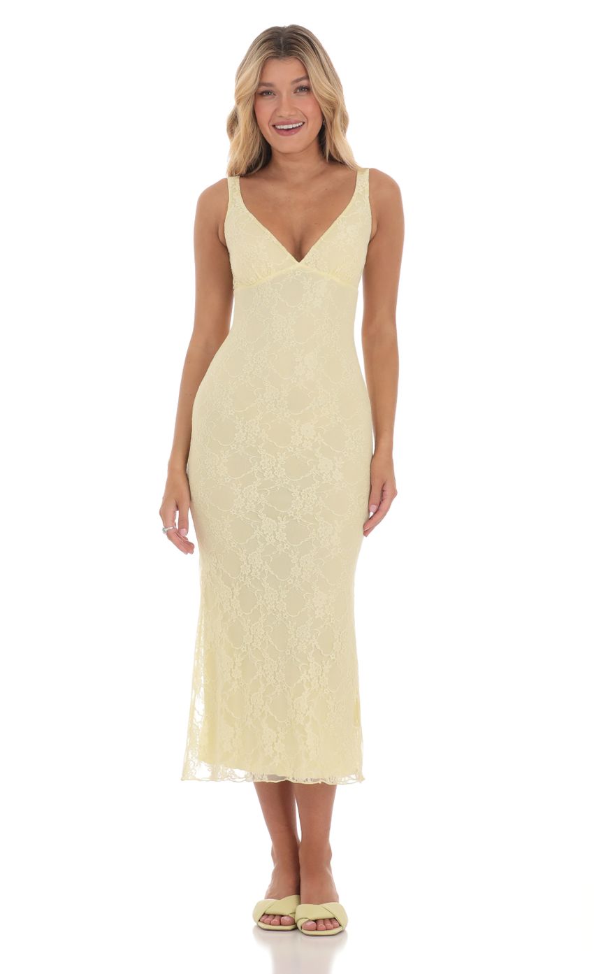 Picture Open Back Lace Midi Dress in Yellow. Source: https://media-img.lucyinthesky.com/data/Mar24/850xAUTO/1b1dde08-4d26-4c70-bcff-15d9faa26c4e.jpg