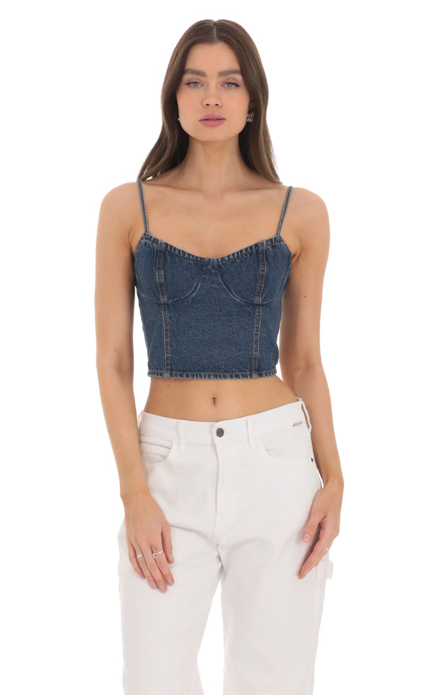 Picture Denim Crop Top in Blue. Source: https://media-img.lucyinthesky.com/data/Mar24/850xAUTO/1d8629f2-0aae-45a0-9c96-df7361d63088.jpg