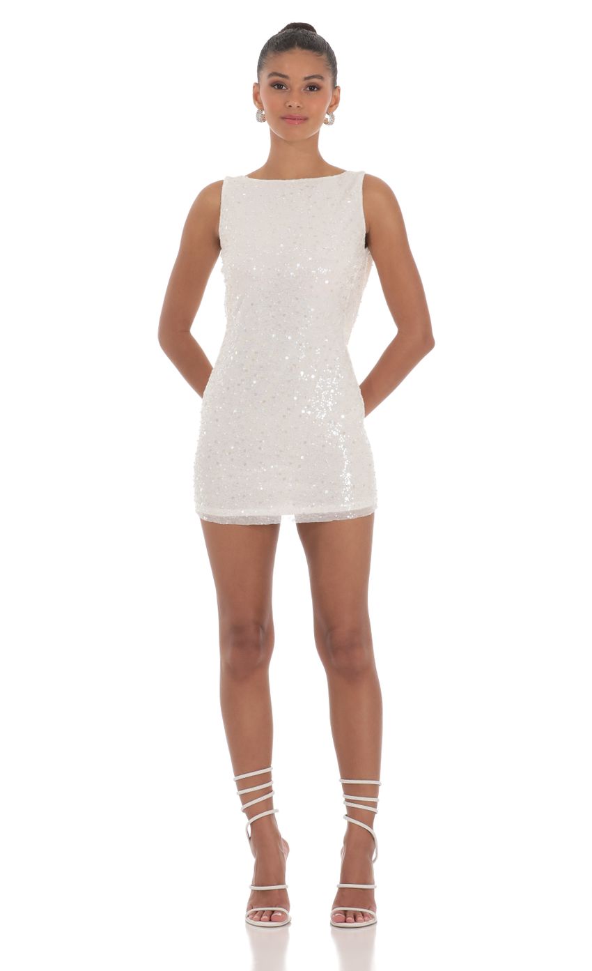 Picture Sequin Draped Open Back Dress in White. Source: https://media-img.lucyinthesky.com/data/Mar24/850xAUTO/1f0a9a35-40b8-4873-864c-72f164ef7d39.jpg