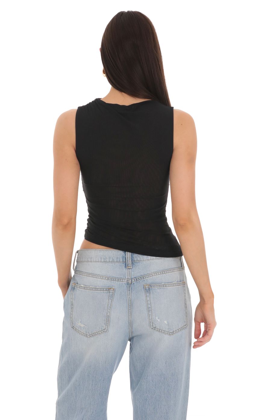 Picture Mesh Ruched Top in Black. Source: https://media-img.lucyinthesky.com/data/Mar24/850xAUTO/21f34d44-5bfc-4006-9e51-4f68a1e06b73.jpg