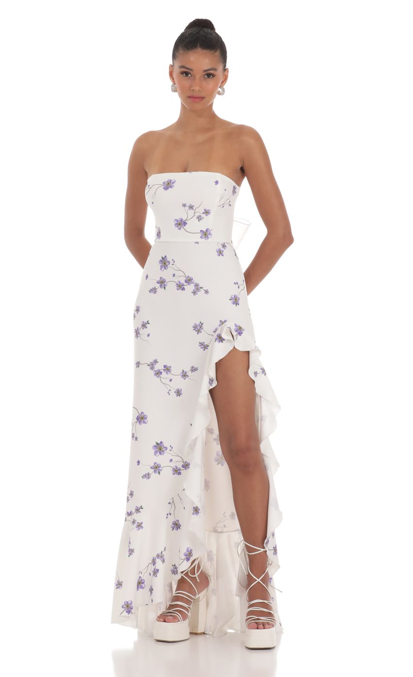 Picture Floral Strapless Back Bow Corset Maxi Dress in White. Source: https://media-img.lucyinthesky.com/data/Mar24/850xAUTO/224acc66-a474-4ac0-8410-a5dfaffe6a9e.jpg