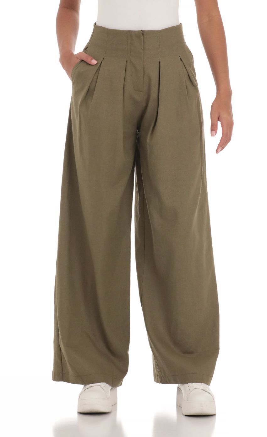 Picture Linen Pleated Pants in Olive. Source: https://media-img.lucyinthesky.com/data/Mar24/850xAUTO/2267a67d-4c6c-4375-ae7e-74a5efbee4b0.jpg