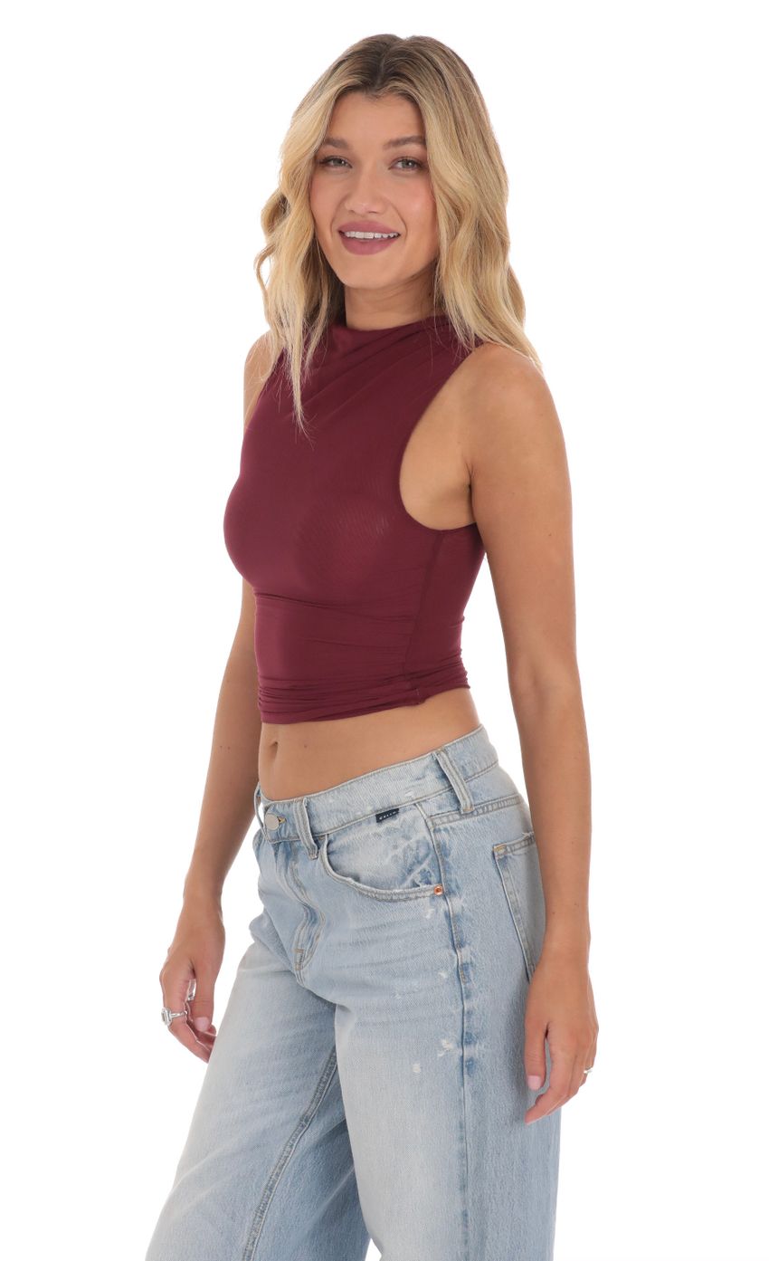Picture Mesh Ruched Top in Maroon. Source: https://media-img.lucyinthesky.com/data/Mar24/850xAUTO/23fbce1f-96f5-4226-9650-746132691a0a.jpg