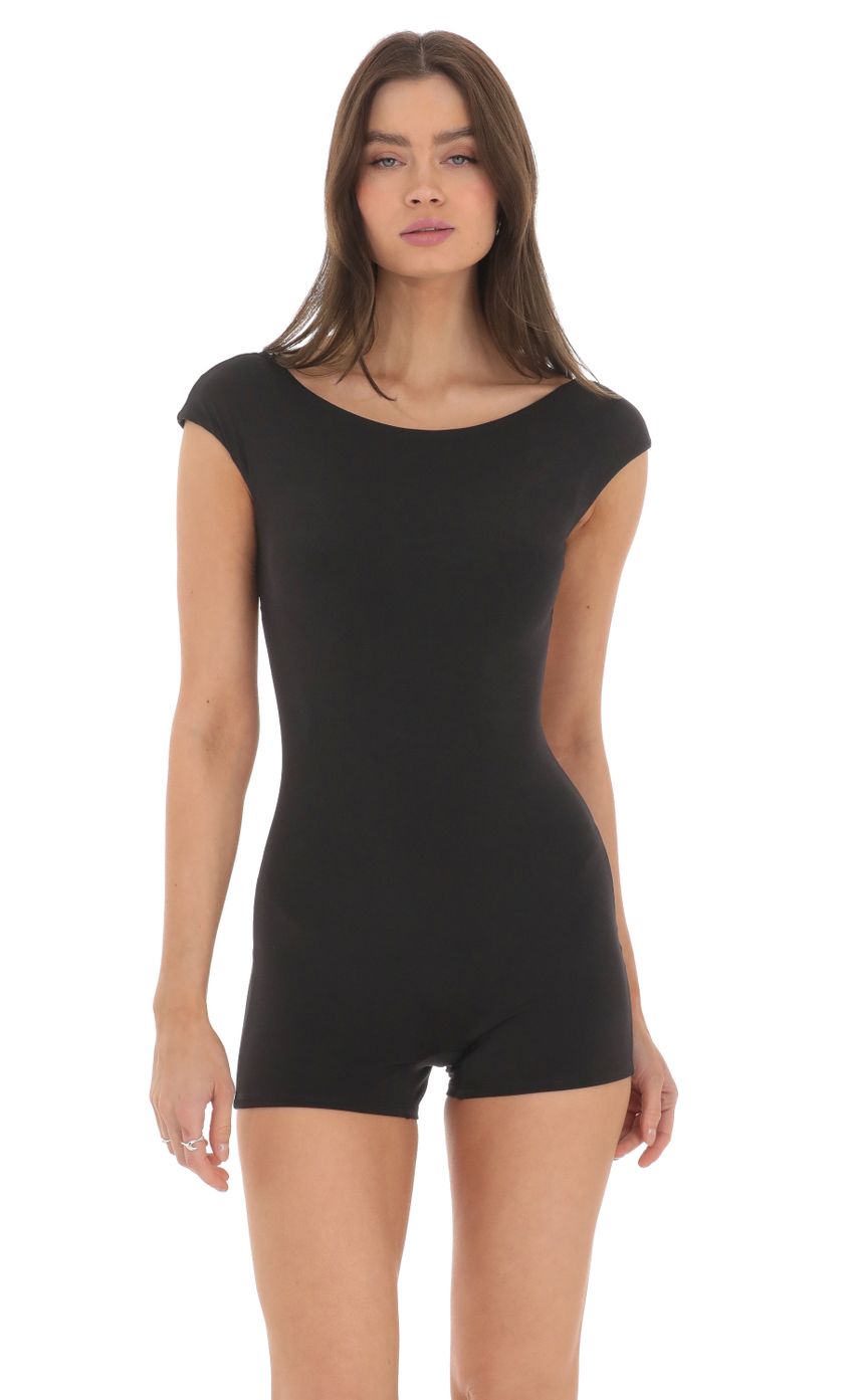 Picture Open Back Bodycon Romper in Black. Source: https://media-img.lucyinthesky.com/data/Mar24/850xAUTO/2445c24c-9bd8-4a37-a610-0701592d8f5e.jpg