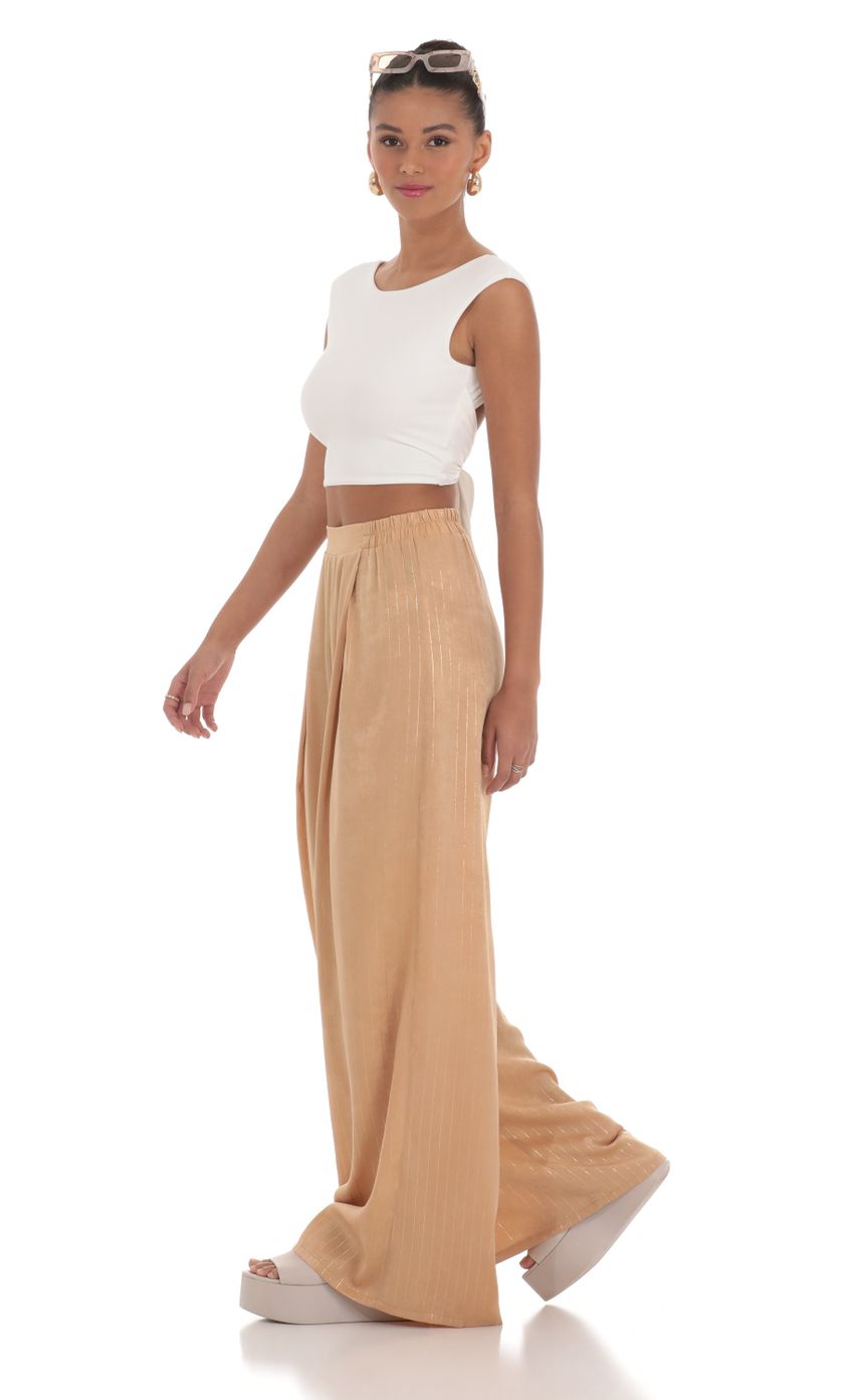 Picture Wide Shimmer Striped Pants in Light Brown. Source: https://media-img.lucyinthesky.com/data/Mar24/850xAUTO/28e3942c-fb57-425c-9c88-0ca9ced3abd8.jpg