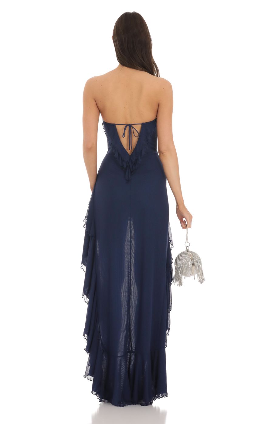 Picture Strapless Mesh High Low Dress in Navy. Source: https://media-img.lucyinthesky.com/data/Mar24/850xAUTO/2b34cc55-65cc-4960-8007-45386bf0f37a.jpg