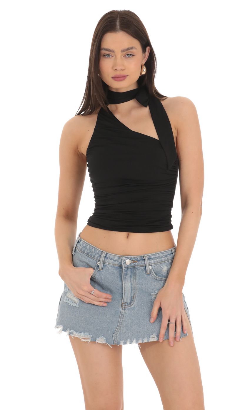 Picture Halter Scarf Top in Black. Source: https://media-img.lucyinthesky.com/data/Mar24/850xAUTO/2b971204-5f29-454c-9fd0-be4e0e11e71b.jpg